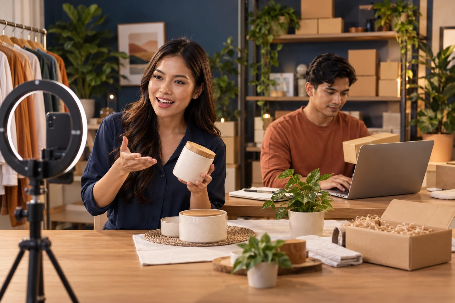Malaysian live host presenting a product while an ecommerce operations teammate manages orders