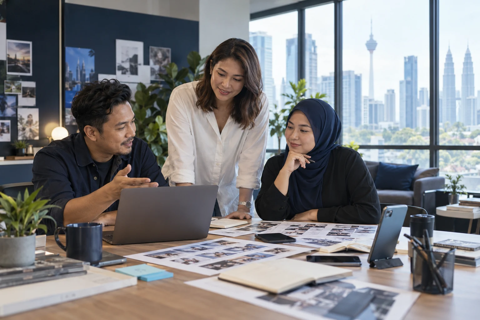 Malaysian digital production team collaborating around a laptop and creative work