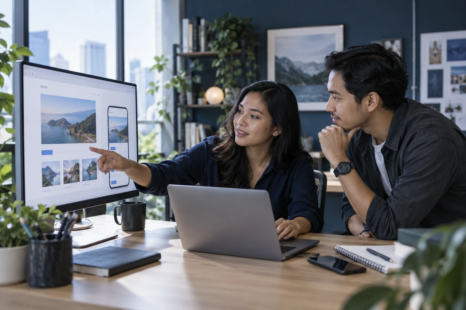 Malaysian product designer and developer reviewing a responsive website and mobile experience together