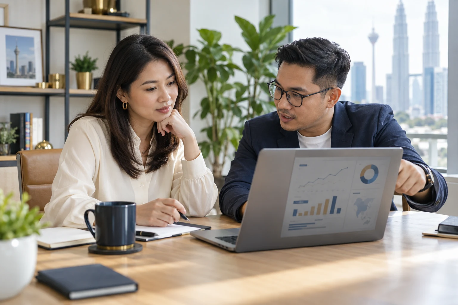 Malaysian business owner reviewing search and performance insights with a digital strategist