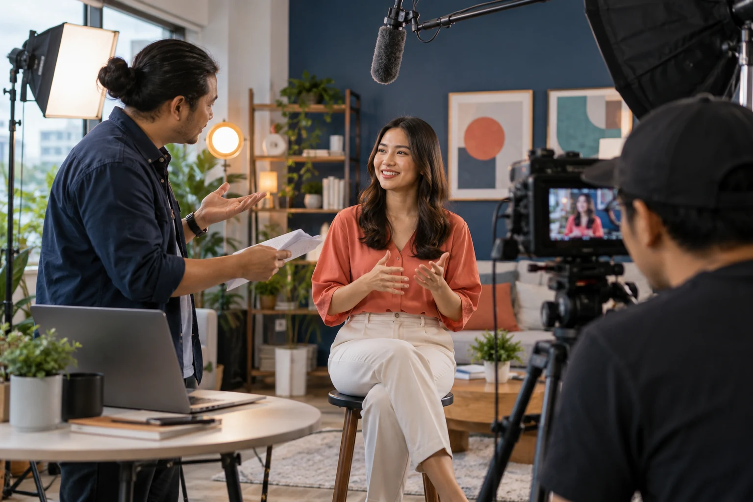 Malaysian creative producer directing an on-camera presenter during a professional content shoot